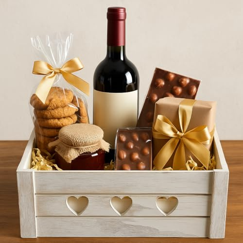 khevga Holzkiste mit Herz-Applikationen – Hochzeitsgeschenk & Geschenkbox aus Holz 30×20×12 cm – weiß gekalkte Dekokiste im Vintage Shabby Chic Stil