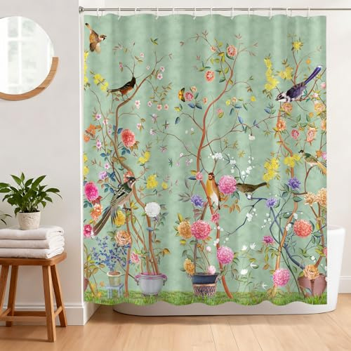 BREASOME Tenda Doccia Floreale Antimuffa 180 x 180 cm Motivo di Rami e Uccelli Tenda Vasca da Bagno Tessuto in Poliestere Resistente all'Acqua con 12 Ganci