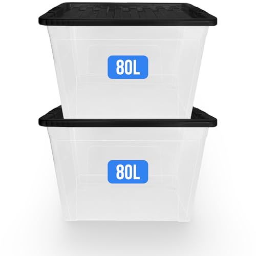 KAPCO Extra Large Storage Boxes with Lids – 80L Durable Plastic Storage Container with Black Lid, Stackable Heavy-Duty Tub for Home, Garage, Kitchen, Toy Organiser, Clothes, Craft (2 Pack) | 80 Litre