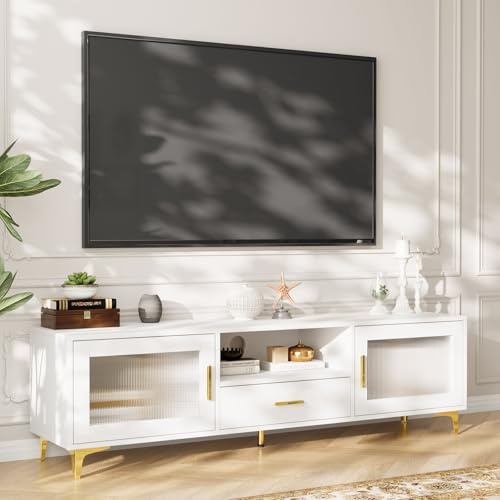 VOWNER Mueble de TV, TV de Perfil bajo de hasta 65, Mueble de TV con Espacio de Almacenamiento Abierto, Mesa de TV con Cajones, Apto para Salón y Dormitorio, 150 x 35 x 43 cm, Blanco