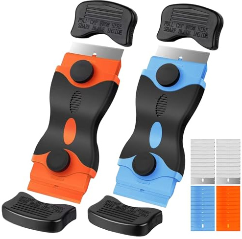 2-Pack Glass Scraper Tools | Scraper and Paint Scraper with Dual-Sided Blade with 40Pcs Replacement for Multi-Surface Use, Durable Aluminum Alloy Head and Safety Cover Design