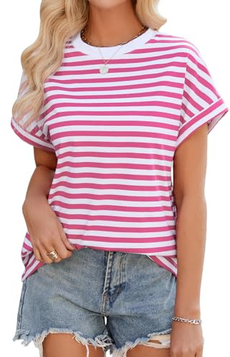 Xnova Magliette Donna Estive a Righe Oversize T Shirt Classica a Manica Corta Girocollo Maglietta Casuale Basic Tee Tops Eleganti, Rosa e Bianco, L