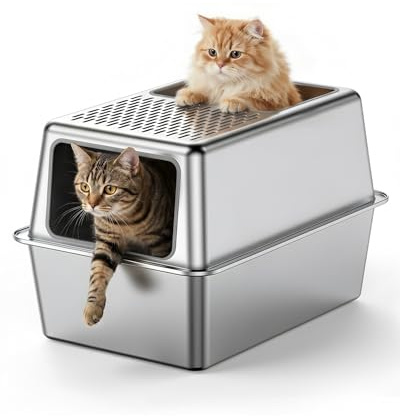 Arenero Gato Acero Inoxidable, Areneros Gatos Cubierto Grande XXL, Caja de Arenero Cerrada para Gatos, WC Gato Todo Metálico con Bordes Altos, Antiadherente, Sin Olores y Fácil de Limpiar