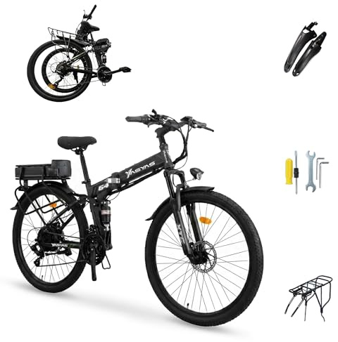 yasyas G4 Folding Electric Bike, 26-Inch Wheels, 21-Speed Gears, Pedal Assist, 250W Motor, 36V 10Ah Removable Lithium Battery, Front Suspension, Dual Disc Brakes, Black