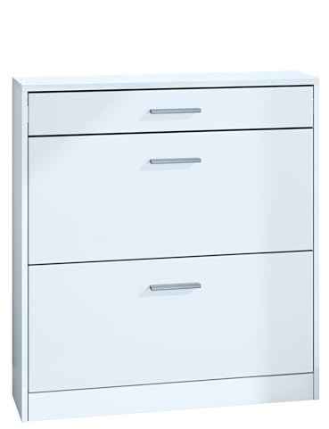 InnoFurn Schuhschrank Roma Schmal mit 2 Klappen und 1 Schublade, Platzsparender Schuhkipper Flurschrank für Diele Flur Garderobe, Weiß matt (89 x 95,5 x 23 cm)