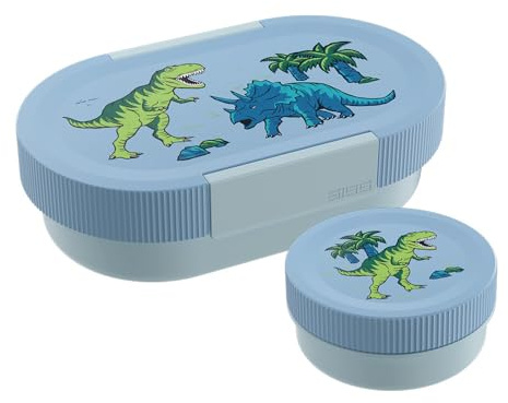 SIGG Lunchlåda set för barn – Lumo Dinosaurs – matlåda med extra burk – fjäderlätt brödlåda Dino – 2-i-1 – BPA-fri – blå – 0,8 l