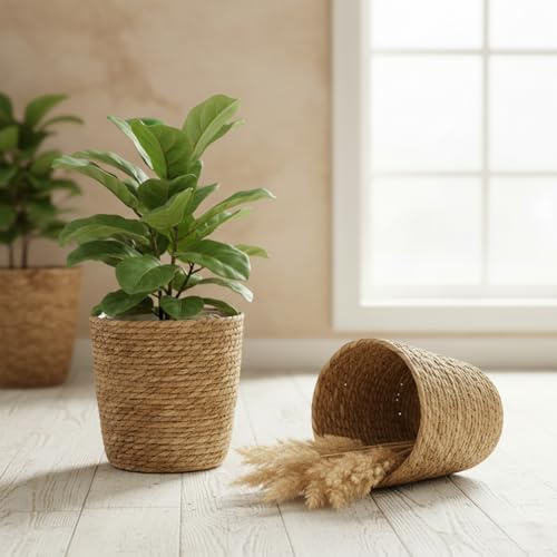 Joygoodta Pot de Fleur en jonc de mer, Panier jardinière en rotin 12 Pouces, jardinière en Osier tissé avec Doublure en Plastique, Pot Plante décoratif, bac Rangement Polyvalent pour la Maison