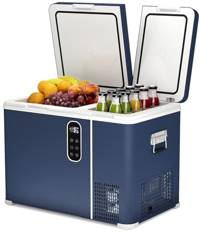 KioGro Kompressor Kühlbox 45L,Elektrische Kühlbox,Dual Zone,12/24V und 100–240V AC/DC,-20℃ bis 20℃,Tragbarer Auto Kühlschrank,für Camping Reisen Lastkraftwagen,Blau