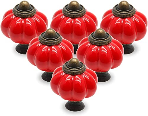 Cjueiom Pomelli per porte in ceramica rossa per cassetti, pomoli in ceramica a forma di zucca con viti di montaggio, maniglie antiche per armadi da cucina, per comò