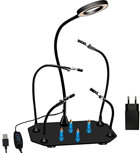 Magnetische L?tstation helfende H?nde, Dritte Hand mit robuster Stahlbasis, 4 flexible helfende Arme, 3-fache Lupenlampe zum L?ten, Zusammenbauen, Reparieren, Modellieren, Hobby, Basteln, Schmuck
