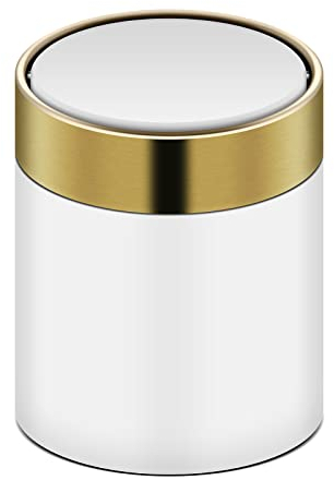 Kingchilla Mini Trash Can with Lid, Brushed Stainless Steel Small Tiny Trash Bin Can, Countertop Trash Can for Desk Office, Swing Top Trash Bin 1.5 L/0.40 Gal (White)
