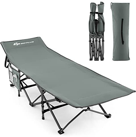 GOPLUS Lit de Camping Pliable 1 Personne avec Appuie-tête Incliné, lit de Camp Portable avec Poche Latérale & Sac de Transport, Charge 272 KG, pour Camping, Randonnée, Pêche, 190X70X54 CM (Gris)