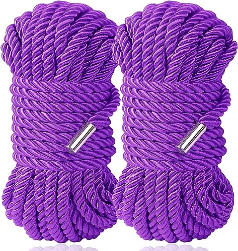 Sfcaris Silk Soft Rope, Skin Friendly Soft Nylon Ropes, Durable Multipurpose Color Braided Satin Twisted Cord Long Rope 32 Feet 8 mm (2-Pack, Purple)