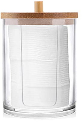 Boîte de rangement en acrylique pour salle de bain - Organisateur de maquillage rond en coton - Distributeur avec couvercle en bambou E