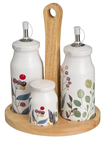 LOLAhome Set oliera e aceto con saliera e pepe in supporto in ceramica stoneware bianco e verde