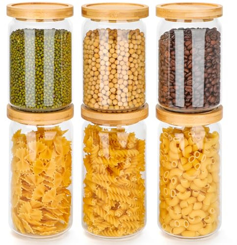Avmvnvc Vorratsdosen Glas 6er Set, Vorratsgläser mit Deckel Transparente Aufbewahrungsgläser Luftdicht Küche, Gewürzgläser 3x700ml + 3x900ml Vorratsglas mit Holzdeckel für Pasta, Kaffeebohnen, Müsli