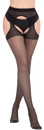 MANZI Strapsstrumpfhose für Damen 30 Denier Offener Schritt Strumpfhose Transparent Strumpfhosen 1Paar (Schwarz XL-XXL)