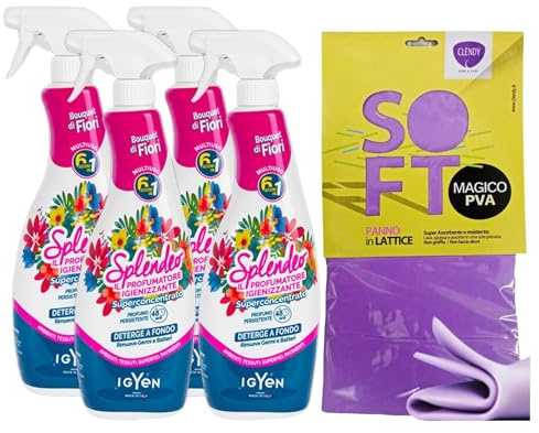 Detergente Multiuso Spray, Il Profumatore Igienizzante Superconcentrato, BOUQUET DI FIORI. Deterge a Fondo, Rimuove Germi e Batteri, 48h di Pulito Profumato 750ml (4 Spray) + Panno In Lattice SOFT