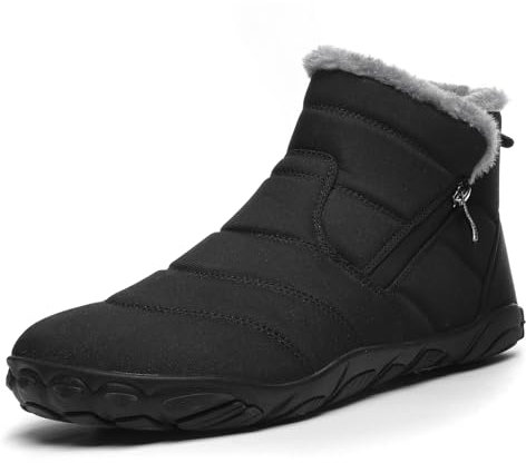 Snow Boots Women Men Barefoot Shoes Winter Fur Lined Warm Ankle Booties Side Zipper Flat Short Ladies Non-Slip Walking Shoes Black