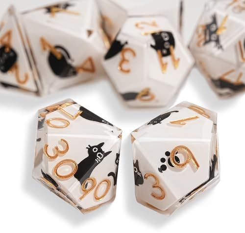GU BEI TE DND Dice Set 7-Pcs, Sharp Edge Cute Cat Style Resin Dice Polyhedral Resin Sharp Edge Dice for Roleplaying Games Dungeons and Dragons RPG MTG Table Games