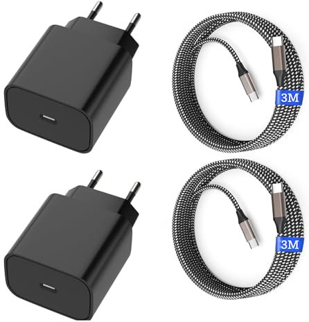 USB C Ladegerät 25W, USB C Ladekabel, 2er Pack Schnellladegerät mit 3M Nylon Ladekabel, Super Fast Charger für Samsung Galaxy S25 S24 S23 S22 S21 Ultra/Note/tab (Schwarz, Câble Nylon - 3M)
