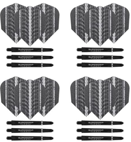 Harrows Darts 4 x Sets Supergrip Carbon-Dartschäfte und Supergrip Ultra Dart-Flights – 12 Dart-Schäfte, 12 Dart-Flights insgesamt – mittel und kurz (schwarz, mittel)