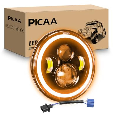 PICAA 1PCS 7 Inch Motorcycle LED Headlight, Amber Halo Turn Signal White DRL High/Low Beam, Compatible With Jeep Wrangler JK TJ CJ LJ Davidson Glide Street Headlamp
