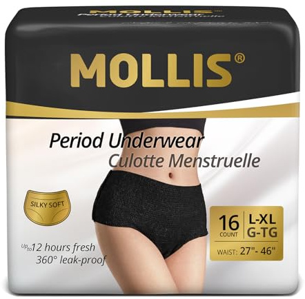 MOLLIS Culottes Menstruelles Jetables Règles Femme Postpartum Maternité Sous-vêtements Anti-Fuites Flux Abondant Noir Taille L/XL 16 Unités