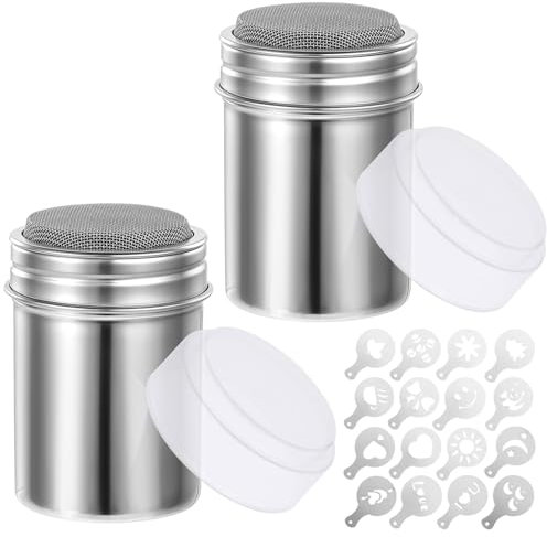 2 bottiglie di zucchero e 16 stampi per stampe, spargicacao a velo con spargitore fresco per cappuccino, in acciaio inox, copertura dello shaker per zucchero a polvere, spargisale