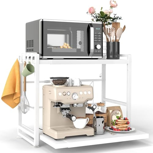BeSokar Estante de cocina con 2 niveles, altura ajustable y estante extensible con cajón, acero al carbono, ganchos y ventosas de refuerzo, fácil montaje, color blanco