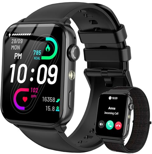 IOWODO Smartwatch Herren Damen 2025 | Bluetooth Anrufe & LED-Leuchte | SpO2 & Schlafüberwachung | 350mAh (6+ Tage) | 2 Armbänder (Silicone/Nylon) | Fitnessuhr für Android & iOS