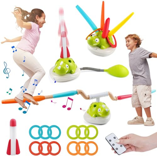 3 In 1 Juguetes De Exterior, Juego musical de lanzamiento de anillo y lanzador de cohetes a pisotón, Saltador de cuerda con control remoto, 5 velocidades y rotación de 360°, ideal para jardín y exteri
