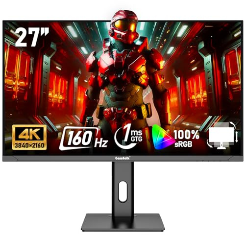 Gawfolk 27 inch IPS PC Screen, 4K Gaming Monitors 160Hz, 1ms,AdaptiveSync, 100%sRGB, 178° Wide Viewing Angle, HDMI 2.1, DisplayPort,Height-adjustable and swivel,75*75MM Wall Mount Compatible - Black