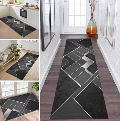 ZDYHMrj Teppich Läufer Flur Küche rutschfest waschbar Teppichläufer Lang 100X350CM Grau Schwarz Korridor Teppichmatten Kücheteppich Schlafzimmer Wohnzimmer Flurmatten Breit 40-120cm