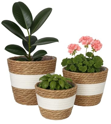 Relaxdays Pot de Fleurs, Lot de 3, en Roseau, Pots doublés, 3 Tailles, Style bohème, Cache-Pots Ronds, Blanc/Marron