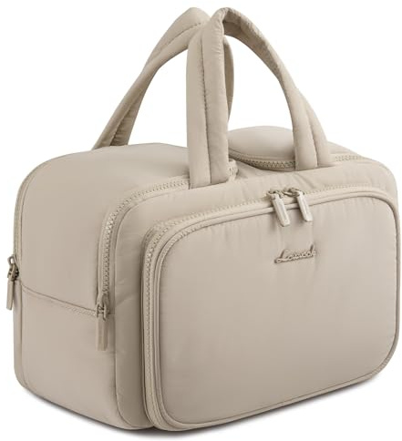 LOVEVOOK Necessär dam stor lätt resa sminkväska bred öppen necessär med våtfack vattentät tvättväska makeup-väska skönhetsfodral med handtag för resor semester, Grå-khaki, L