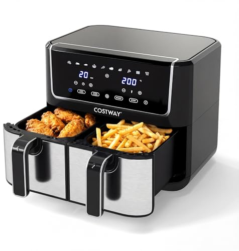 COSTWAY 8L Dual Zone Air Fryer, 10-In-1 Presets Airfryer Oven with Sync Finish & Match Cook, LED Digital Touch Screen, 85% Less Fat, Nonstick Dishwasher Safe Baskets, Large Family Size, 2100W
