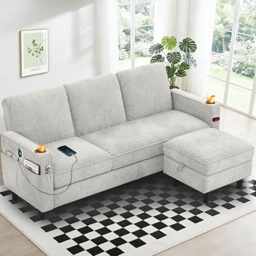 Aotumm Ciort 3-Seater Sofa with Storage Ottoman Footstool, L-shaped Chaise Lounge Sofa with USB Charging Ports, 2 Cup holders, Modern Fabric Small Space Corner Sofa Couch for Living Room (Light grey)