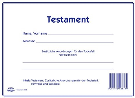AVERY Zweckform 2838 Testament Vordruck-Set (220x163mm, 1 Testament und zusätzliche Anordnungen für den Todesfall, viele Hinweise und leicht verständliche Beispiele, von Rechtsexperten geprüft)