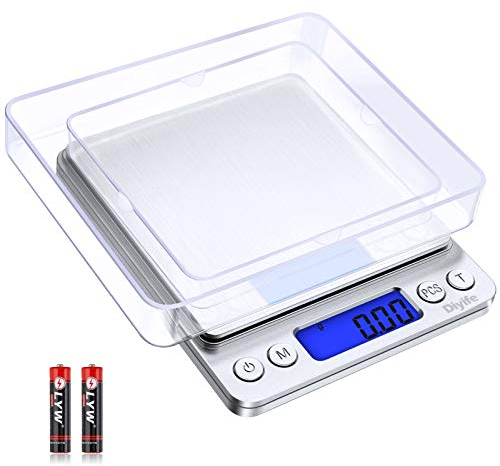 Diyife Bilancia Cucina, [Nuova Versione] [500g / 0,01g] Digitale Bilancia Alimentare con 2 Vassoi, Display LCD Bilancia A Piattaforma in Acciaio Inossidabile per Gioielli, Medicina(Batterie Incluse)