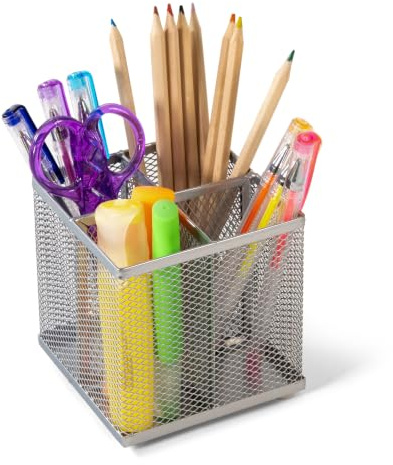 OSCO Wiremesh Square Pen Pot, 4-Section Pencil Holder, Desk Tidy and Office Organiser, Makeup Brush Holder and Cosmetics Display, Metal Mesh Organiser, H10.5 × W10 × D10 cm, Silver