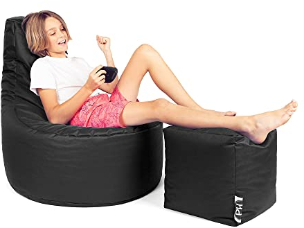 PATCH HOME Gamer Kissen Lounge Kissen Sitzsack Sessel Sitzkissen Bean Bag + Würfel/Hocker mit Reißverschluss bereits befüllt (Black, XXL - Ø80cm Sessel + 35x35cm Würfel)