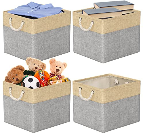 RIWNNI Set di 4 Scatole Portaoggetti, 33 x 38 x 33 cm, Cestini Portaoggetti in Tessuto, Cesto Portaoggetti Pieghevoli con Manici, Contenitori Portaoggetti per Giocattoli, Vestiti, Libri, Grigio/Beige