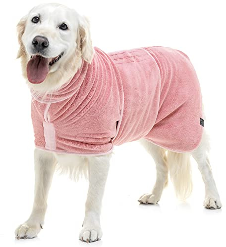 Lucky Paws® UK,Accappatoio per cani in microfibra, super assorbente per animali domestici, con collare/cappuccio e cinturino per pancia regolabile, ad asciugatura rapida (M, rosa polveroso)
