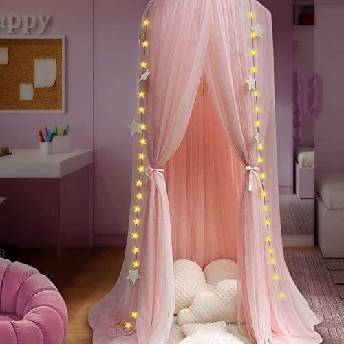 Anmas Power Rosa Moskitonetz Kinder Betthimmel Babybett Baldachin Prinzessin Moskitonetz Dekor Höhe 300cm mit Sternen Dekoration & 40 Sternenlichter,Zwei Paar Blumenkugeln