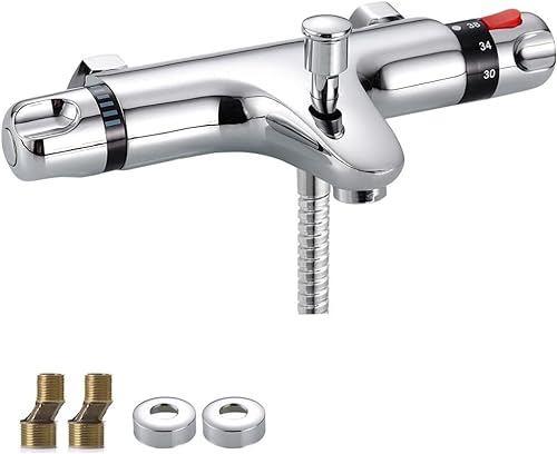 Eumatenova Mitigeur Douche Thermostatique Murale,Robinet pour Baignoire avec 2 Sorties D'eau,Laiton Robinet Douche pour Salle de Bain avec 38°C Bouton de Sécuri