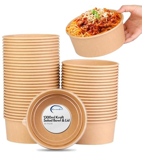 CaterCo Disposable Kraft Salad Bowls with Lids - Versatile Food Containers for Hot/Cold Use for Takeaway, Round Leakproof Kraft Paper Container, (1300ml - 50 Sets)