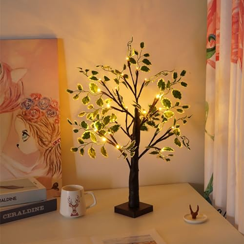 Black Birch Table Tree Light,Christmas Light up Tree with Artificial Green Leaves and 24 Warm White LEDs for Fireplace Bedroom Home Party Wedding Christmas Decor,Table Mini Bonsai Tree Lamp,23.6Inch