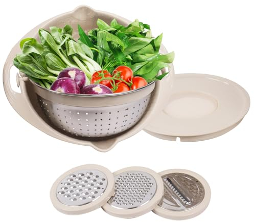 Gzsekken 2 Layer Rotatable Colander Set - Stainless Steel Colander with Mixing Bowl Set, Plastic Washing Basket, Vegetable Slicer - Beige