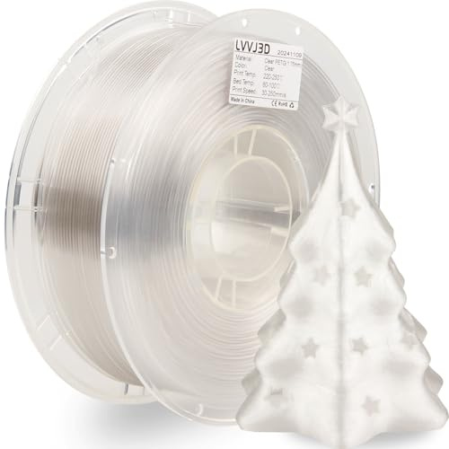 LVVJ3D Transparentes klares PETG-3D-Drucker-Filament, einfach zu drucken, klares PETG-Filament, 1,75 mm, saubere Wund-Maßgenauigkeit +/- 0,03 mm, 1 kg/Spule